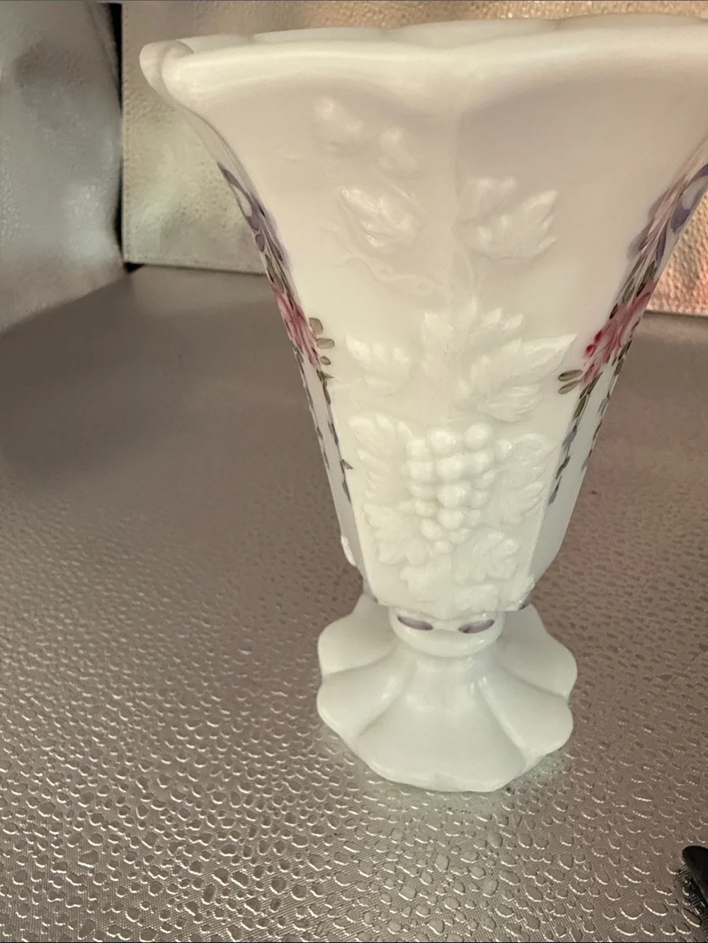 Vintage Westmoreland Flared Trumpet “ Roses and Bows” hand painted Vase
